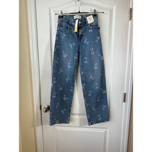 Girls Abercrombie Kids Blue & White Bow Print High Rise Wide Leg Jeans 16